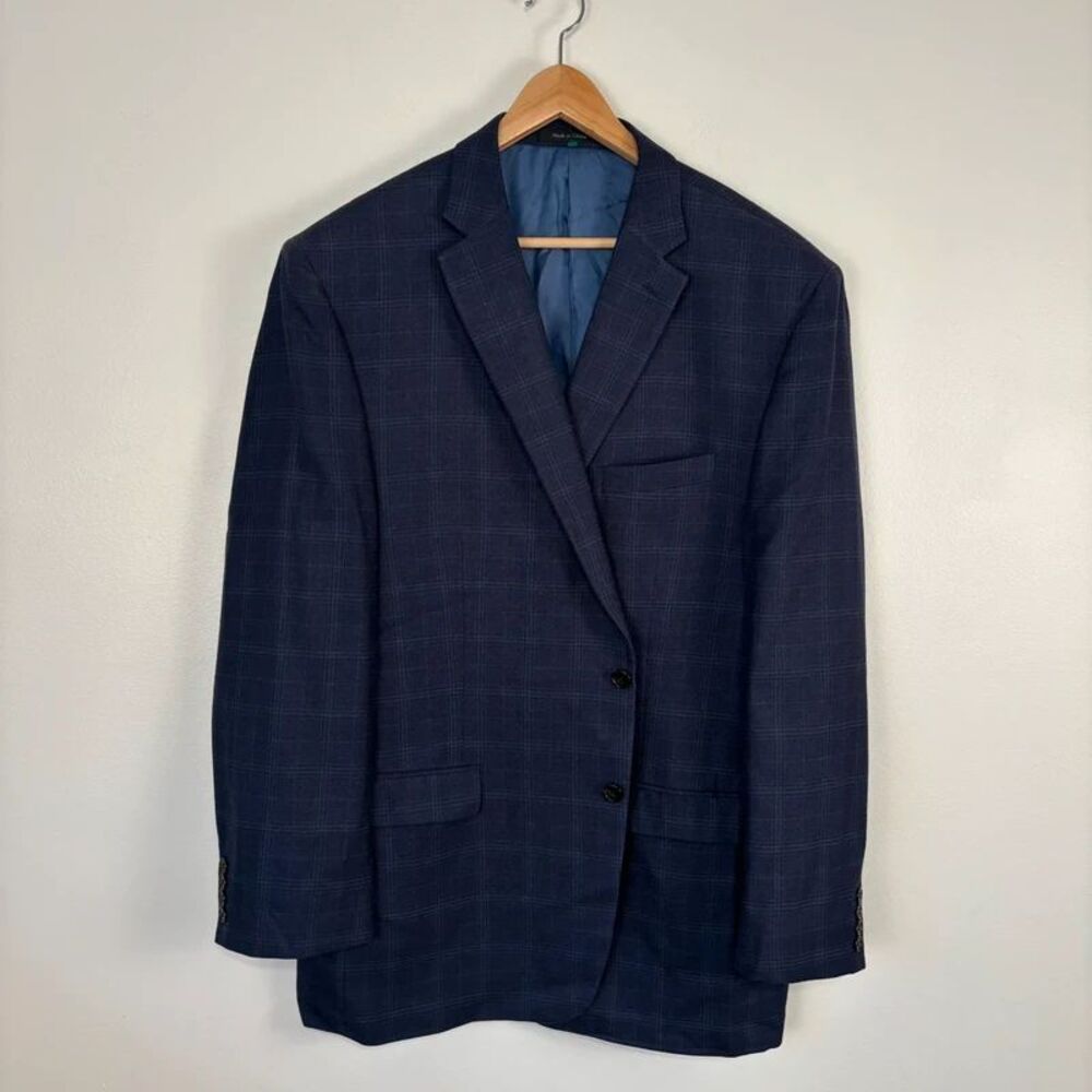 Lauren Ralph Lauren Mens Sport Coat Blazer 48L Blue Plaid Silk Wool Blend Jacket